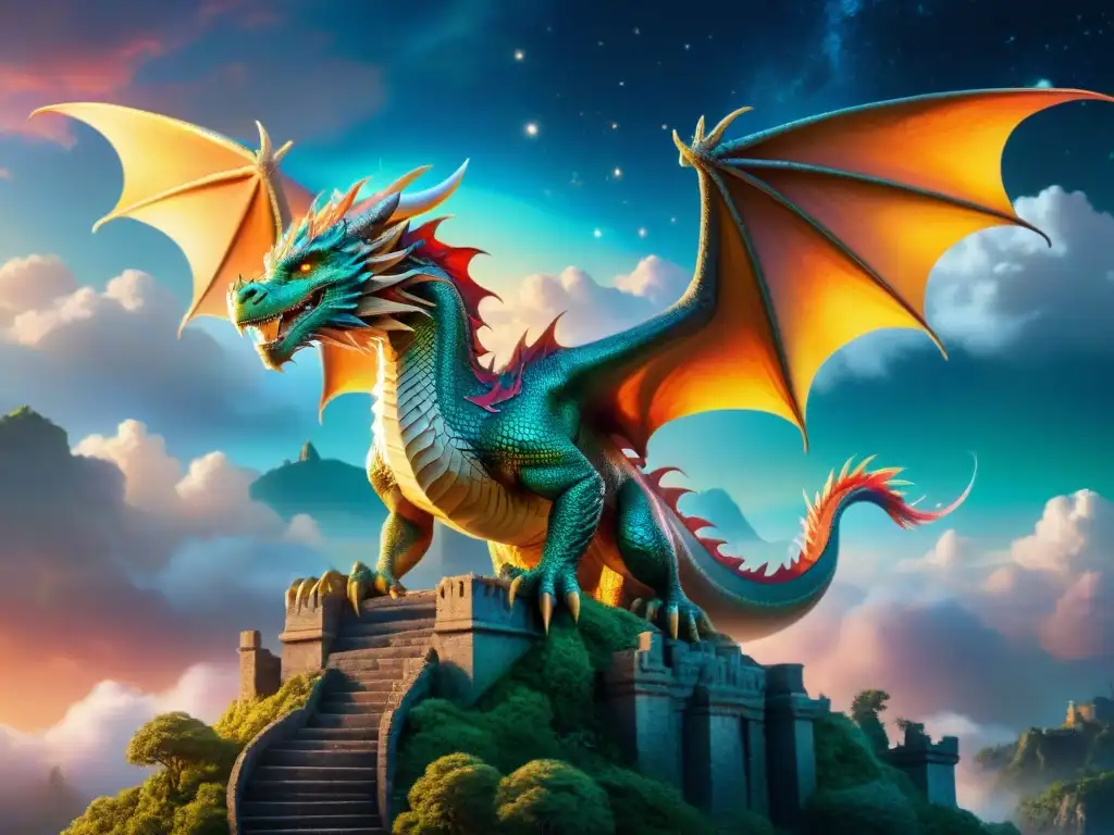 Dragón majestuoso surcando un cielo mágico y vibrante Un dragón majestuoso surca un cielo vibrante y mágico, en un paisaje de fantasía