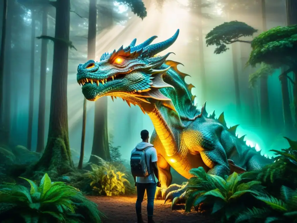 Encuentro místico: dragón y alienígena en el bosque Un dragón majestuoso y una criatura alienígena en un bosque místico, uniendo criaturas míticas vida extraterrestre