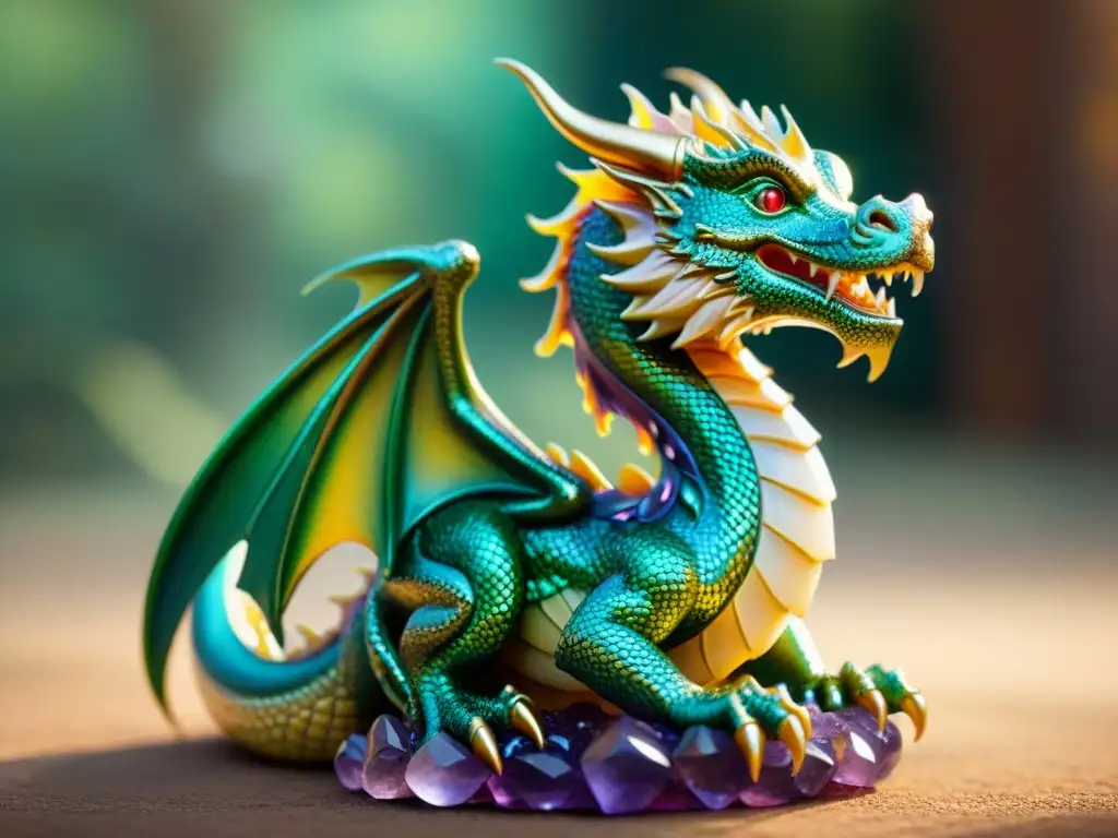 Dragón antiguo protege figurillas mágicas Un dragón majestuoso protege con cuidado figuras coleccionables de mitos, envuelto en un aura mágica y poderosa