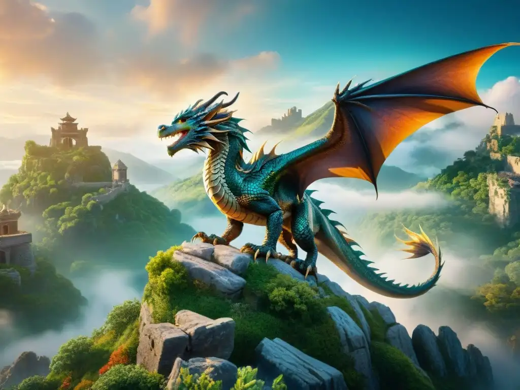 Dragón majestuoso en paisaje místico Un dragón majestuoso con escamas brillantes reflejando la luz en colores deslumbrantes, en un paisaje místico