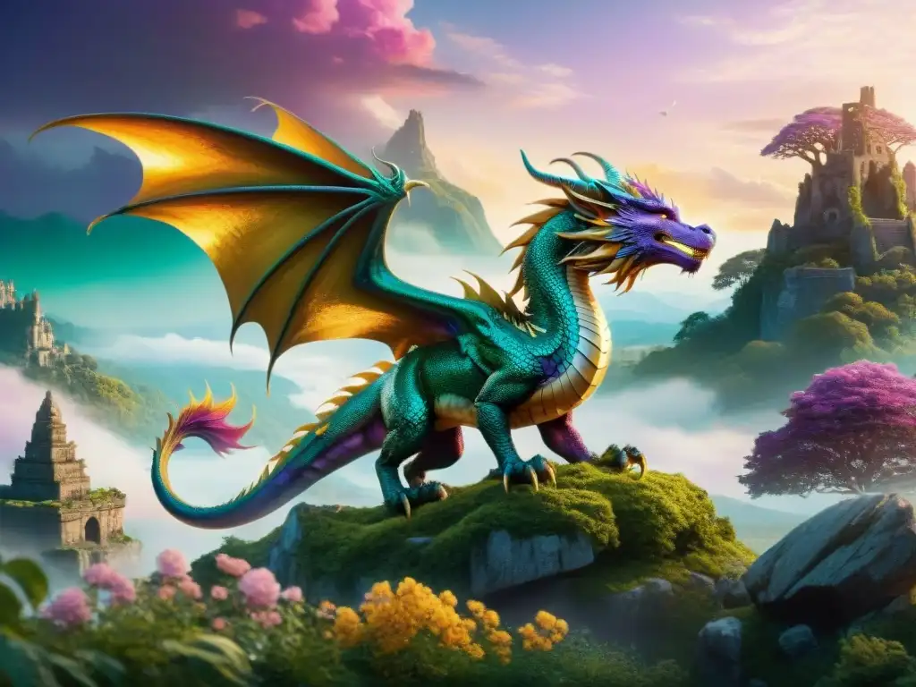 Un dragón majestuoso con escamas brillantes de esmeralda y oro, surcando un cielo vibrante lleno de tonos púrpuras y rosados
