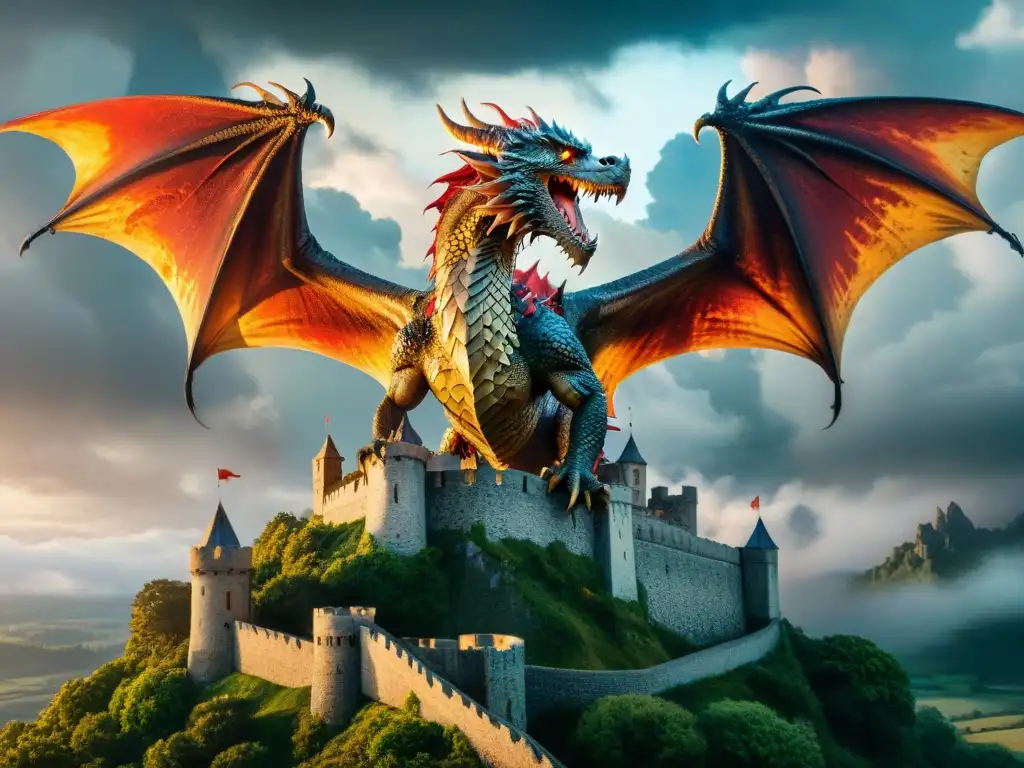 Un dragón majestuoso con escamas doradas sobre castillo antiguo y nubes tormentosas