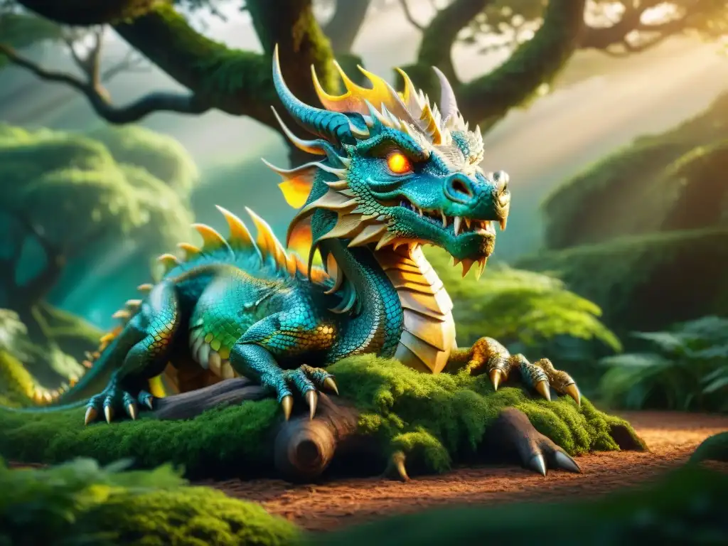 Un dragón majestuoso con escamas iridiscentes enlazado con un árbol milenario en un bosque encantado