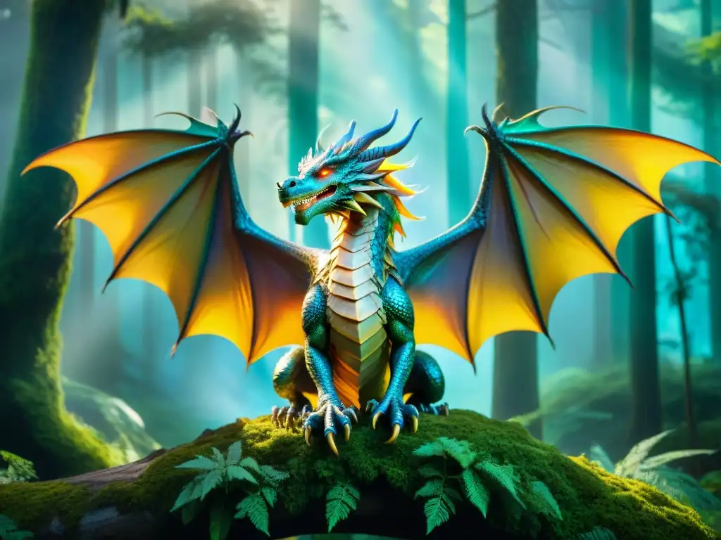 Dragón iridiscente surca bosque encantado Un dragón majestuoso con escamas iridiscentes surca un bosque encantado, creando un ambiente de misterio y maravilla