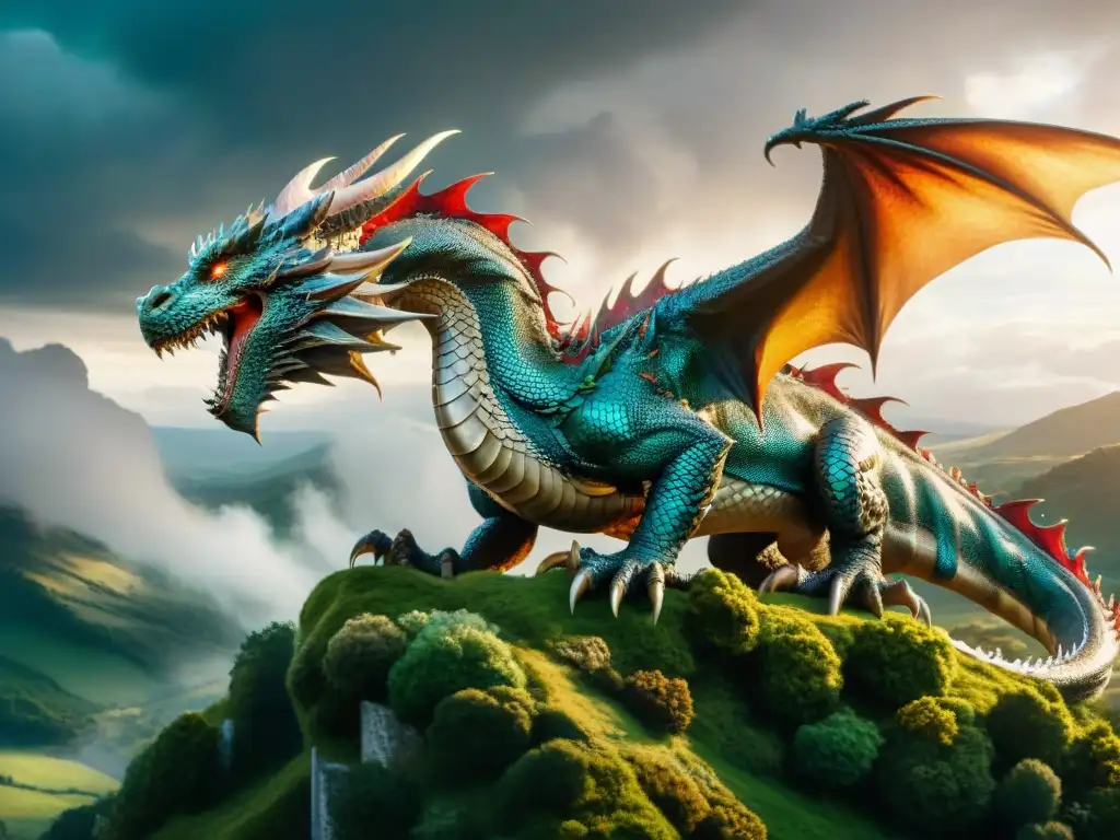 Dragón majestuoso surcando cielos tormentosos en 8k Un dragón majestuoso con escamas iridiscentes surca un cielo tormentoso, evocando la representación de dragones en El Hobbit