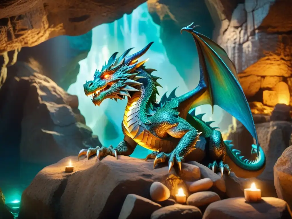 Dragón místico custodiando tesoros en cueva Un dragón majestuoso con escamas iridiscentes y ojos brillantes, posado sobre una pila de gemas resplandecientes en una cueva tenue