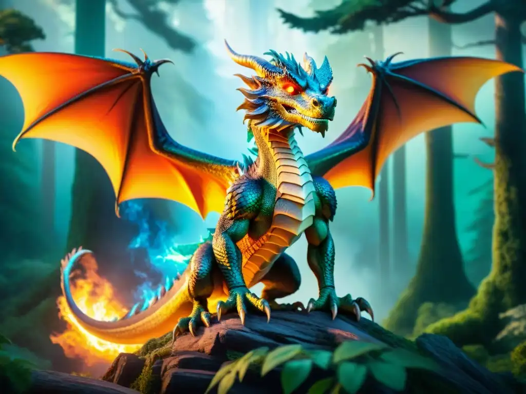 Dragón majestuoso en bosque encantado: ilustración detallada en 16 bits Un dragón majestuoso con escamas iridiscentes en un bosque encantado, evolución criaturas fantásticas videojuegos