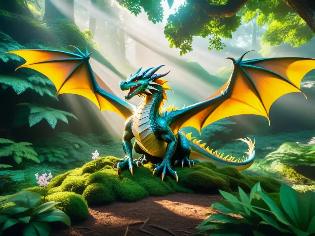 Dragón majestuoso en bosque encantado, un espectáculo de fantasía y asombro Un dragón majestuoso con escamas iridiscentes, sobresaliendo sobre un bosque encantado