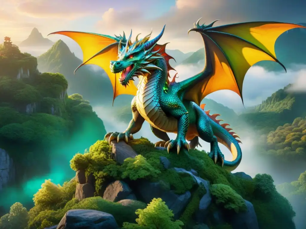 Un dragón majestuoso con escamas iridiscentes y ojos inteligentes, rodeado de criaturas fantásticas en un bosque ancestral