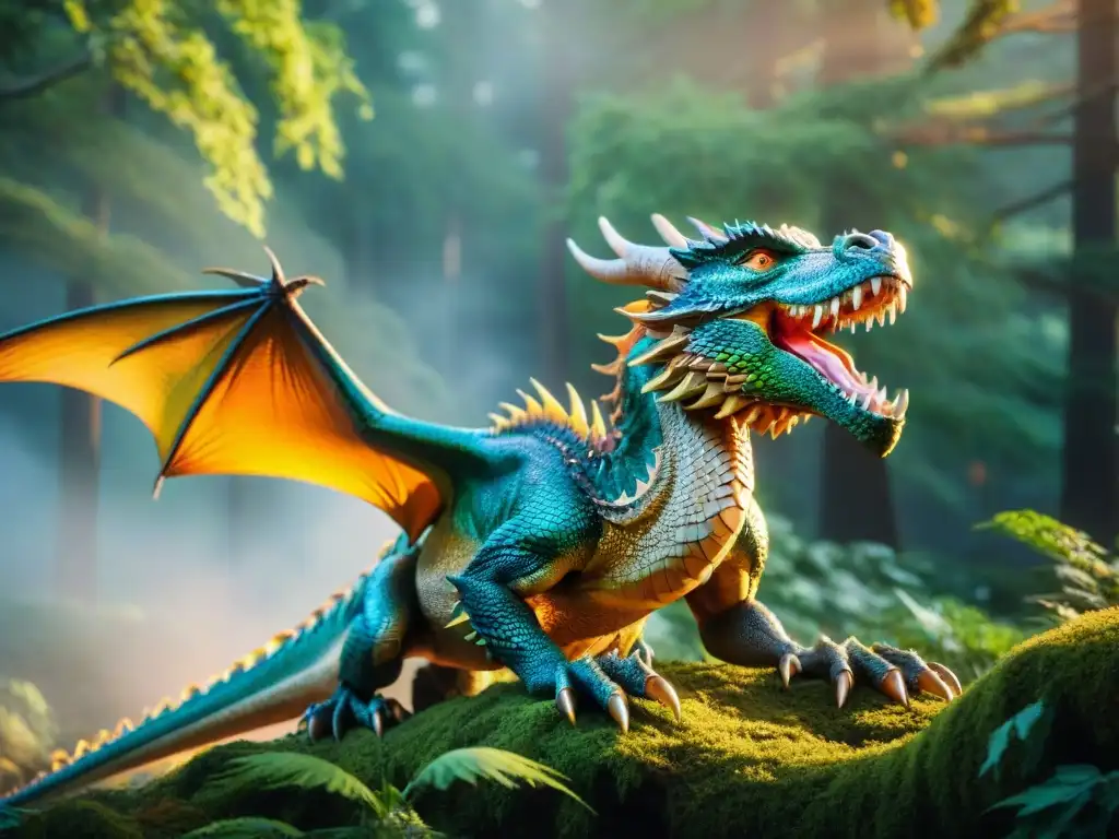 Dragón iridiscente surcando bosque encantado al atardecer Un dragón majestuoso con escamas irisadas surca un bosque encantado al atardecer