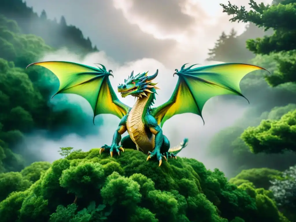 Dragón majestuoso volando entre bosque verde, ojos sabios y tristes Un dragón majestuoso con escamas irisadas surca un bosque verde vibrante, sus alas desplegadas contra un telón de fondo de nubes tormentosas y rayos de sol que se abren paso a través del dosel