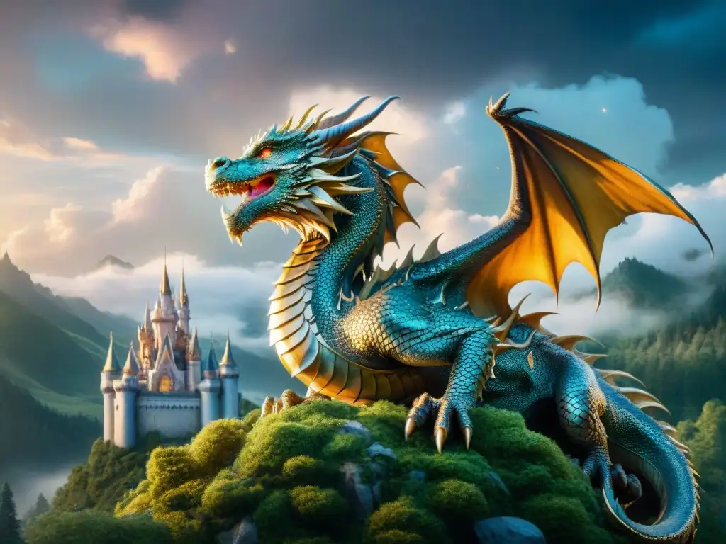 Dragón dorado y plateado en castillo encantado Un dragón majestuoso con escamas de plata y oro sobre un castillo, reflejando la dualidad en cuentos de hadas