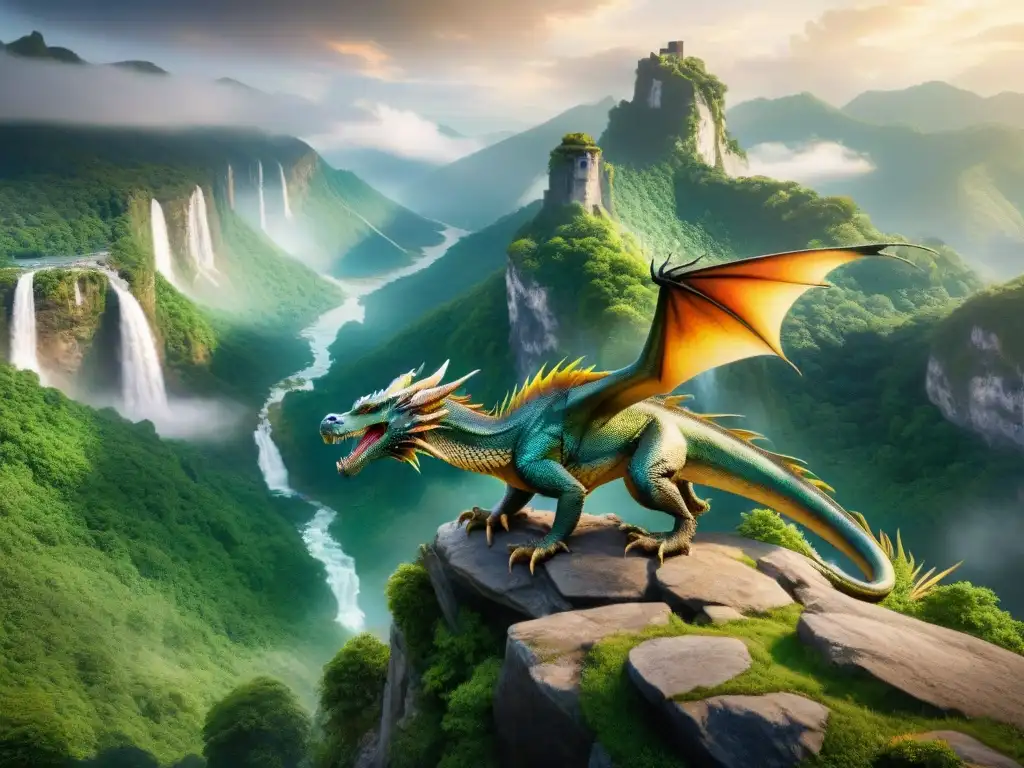 Dragón majestuoso en el acantilado mágico Un dragón majestuoso con escamas relucientes en un acantilado, frente a un valle místico