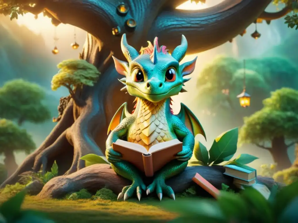 Dragón leyendo un libro mágico bajo un árbol encantado en el bosque Un dragón majestuoso lee un libro bajo un árbol mágico en un bosque encantado, rodeado de hadas y libros