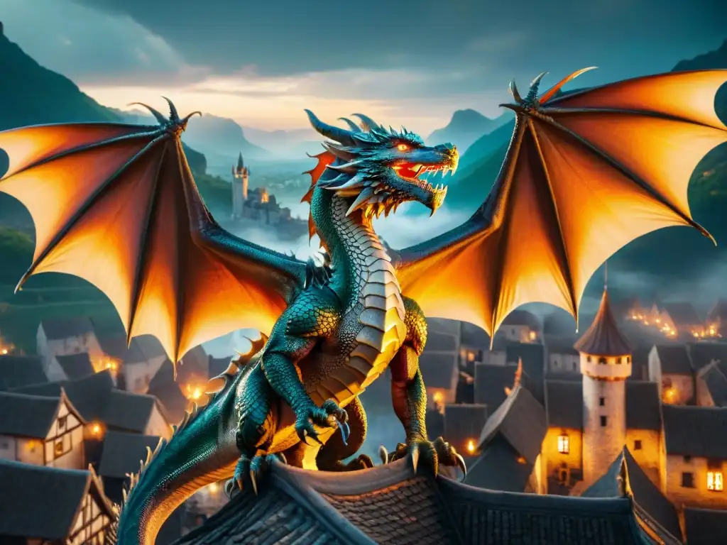 Un dragón majestuoso iluminando un pueblo medieval con su aliento de fuego