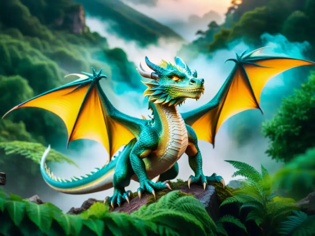 Dragón majestuoso surca bosque místico con criaturas etéreas Un dragón majestuoso surca un bosque místico lleno de ruinas antiguas y seres fantásticos avistados