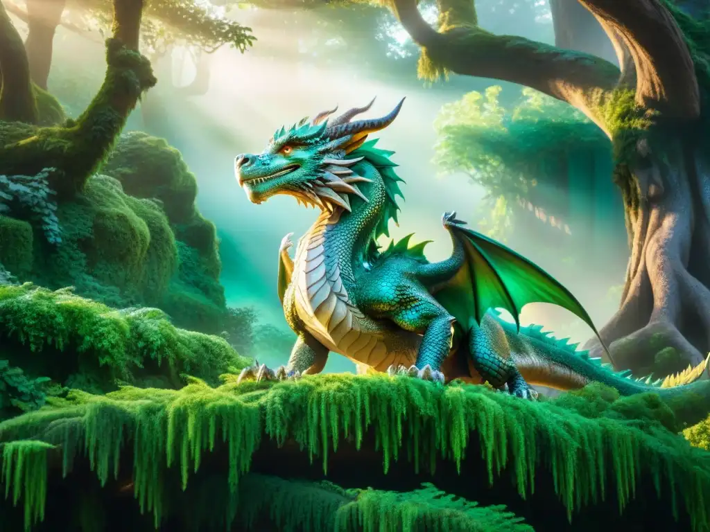Un dragón majestuoso surca un bosque místico, con escamas iridiscentes y ojos de esmeralda