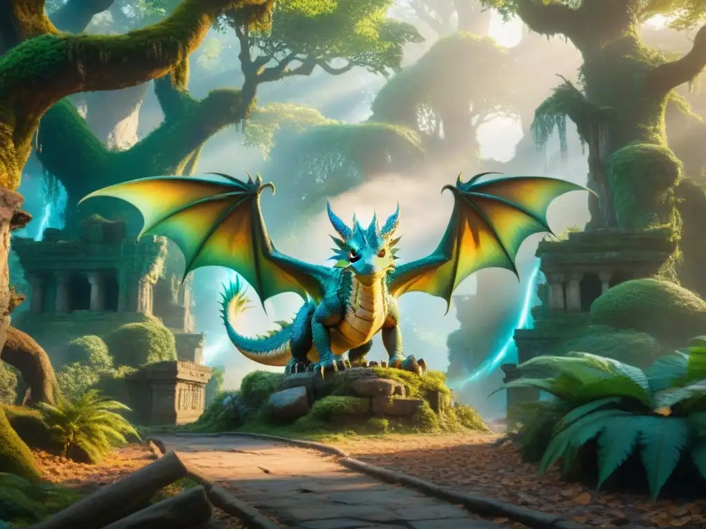 Un dragón majestuoso surca un bosque místico lleno de seres fantásticos, ruinas y orbs brillantes