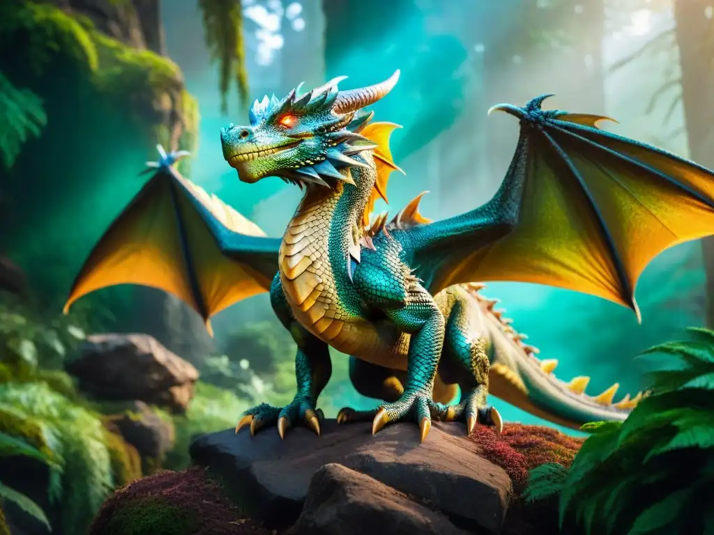 Dragón iridiscente surcando un bosque místico y vibrante Un dragón majestuoso y temible surcando un bosque vibrante y místico, lleno de ruinas antiguas y cristales brillantes