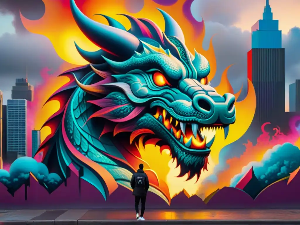 Dragón urbano: arte mágico en la ciudad Un dragón urbano iridiscente surca la ciudad, exhalando fuego convertido en arte callejero