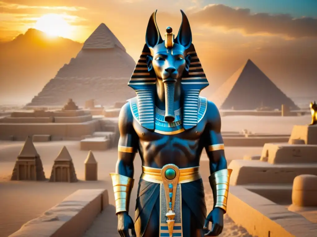 Anubis, dios egipcio de la muerte, con atuendo negro y dorado, rodeado de símbolos en la noche junto a las pirámides