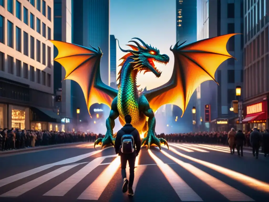 Dragón urbano deslumbrante en la ciudad al anochecer Un encuentro mágico con un dragón urbano en la bulliciosa ciudad al atardecer