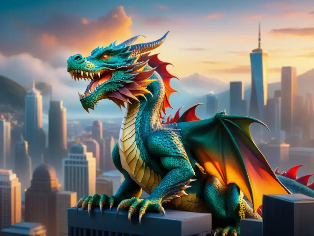 Cityscape mágico: conversaciones con dragones urbanos al atardecer Encuentros con dragones urbanos en una ciudad vibrante al anochecer, donde la magia y la conexión se entrelazan en la comunidad