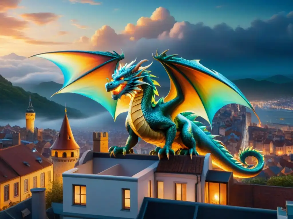 Dragón iridiscente surcando ciudad mágica Encuentros con dragones urbanos: un mural vibrante de un majestuoso dragón con escamas iridiscentes surcando una ciudad fantástica