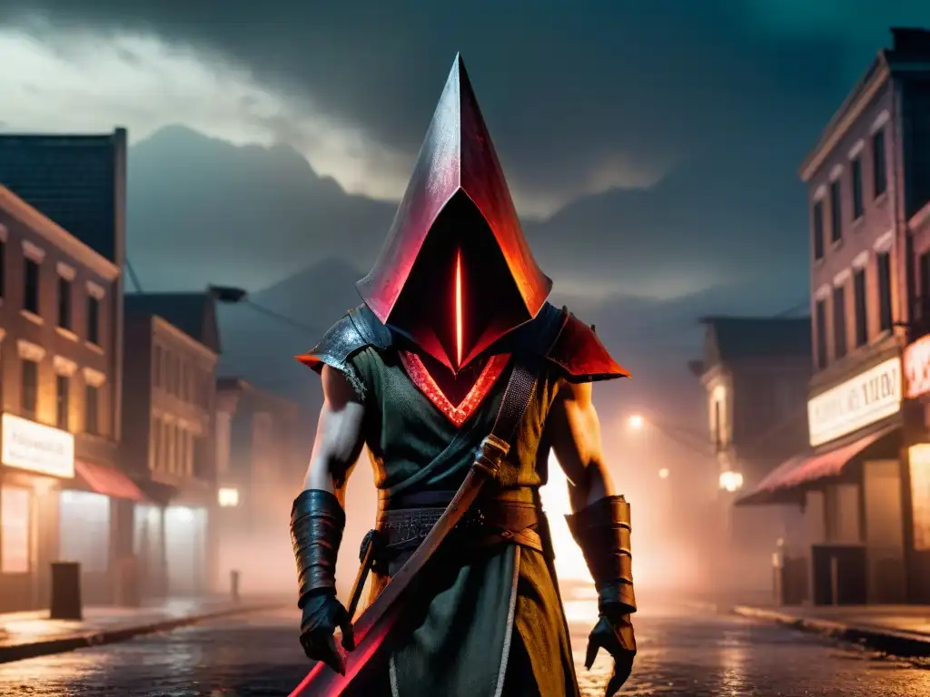 Enemigos icónicos historia videojuegos: Pyramid Head emerge de la niebla de Silent Hill, su casco reflejando un cielo rojo sangre