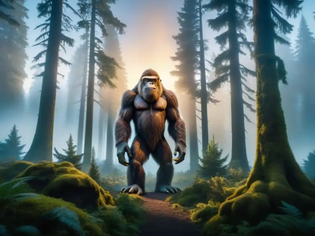 Misterioso Bigfoot en el bosque neblinoso al atardecer Enigmático bosque con Bigfoot entre sombras al anochecer