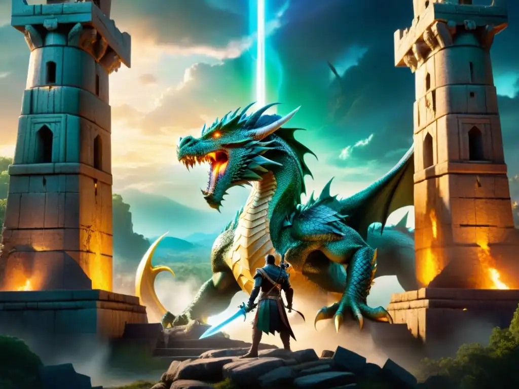Épica batalla entre un héroe y un dragón de múltiples cabezas en un reino mítico