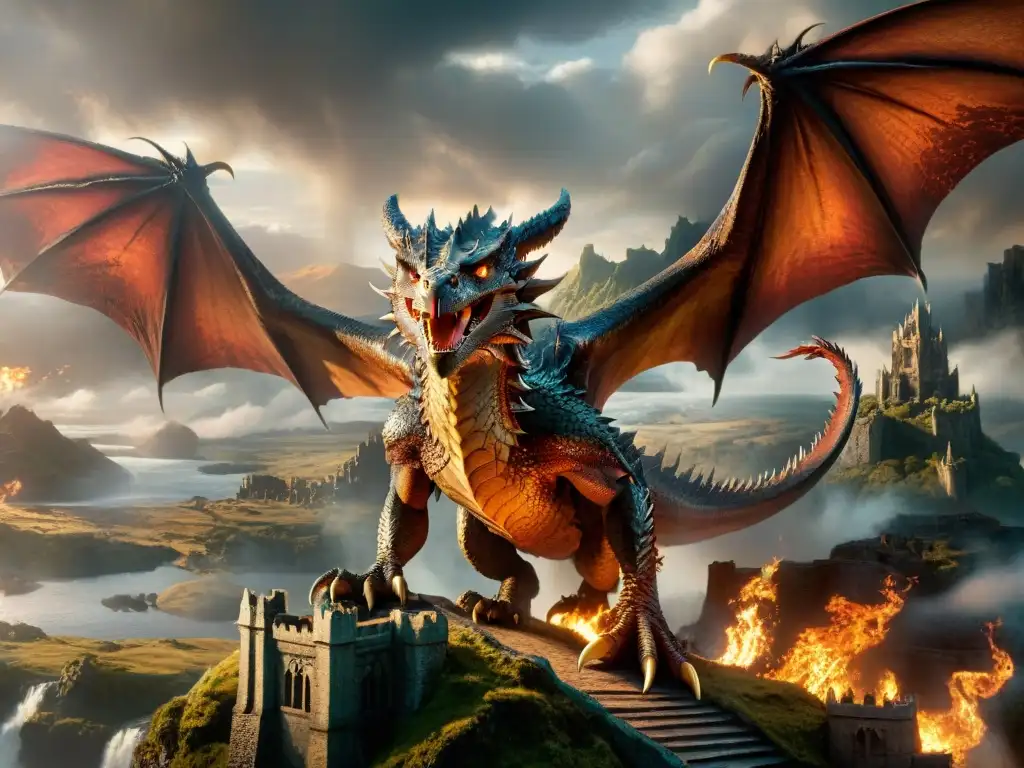 Épica batalla de dragones: Smaug vs Épica batalla entre Smaug y Drogon en paisaje fantástico