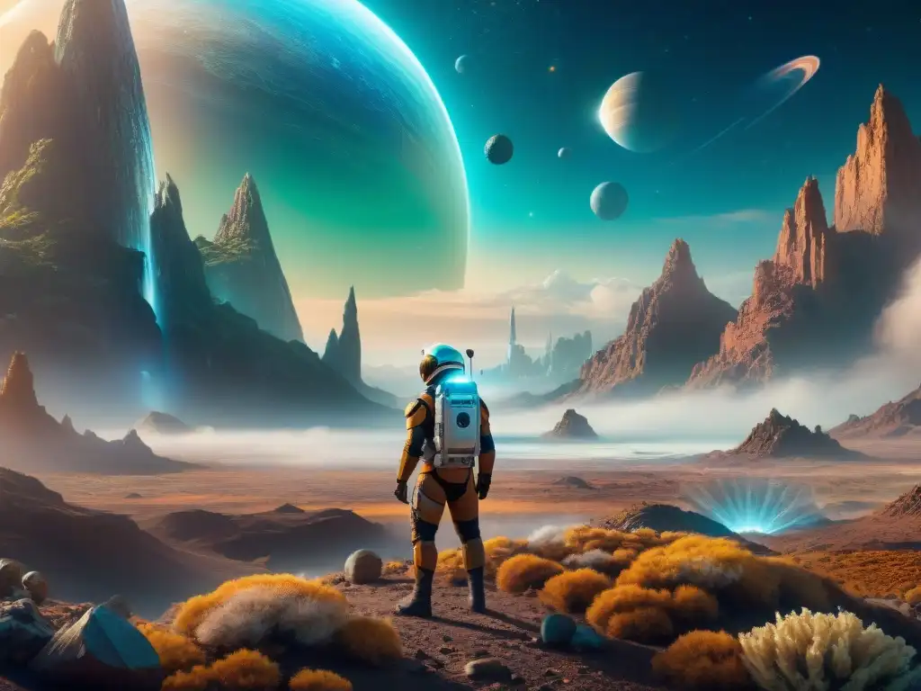 Equipo científico y criaturas míticas exploran planeta alienígena Un equipo de exploración espacial futurista junto a criaturas míticas en un planeta alienígena vibrante