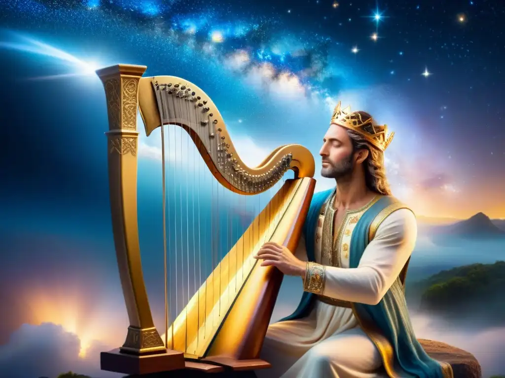 Rey David tocando arpa celestial rodeado de seres divinos Una escena celestial: el Rey David tocando el arpa, rodeado de seres celestiales, en un ambiente místico de música divina