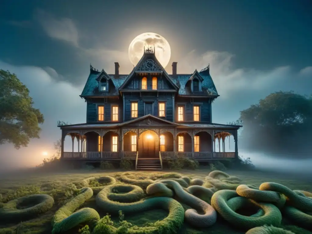 Escena fantasmal: Casa embrujada en la niebla Escena fantasmal en casa embrujada: lúgubre edificio rodeado de niebla, luces etéreas y sombras inquietantes