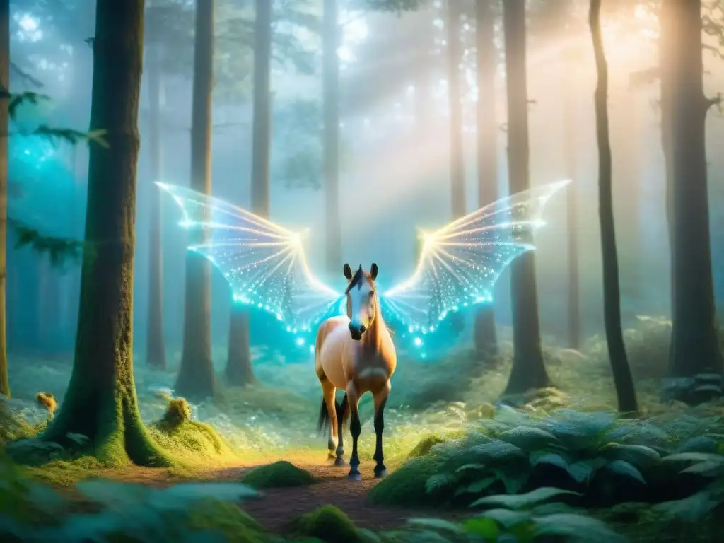 Fantasía mágica: bosque místico con criatura iridiscente Escena mágica en bosque al anochecer con ser fantástico