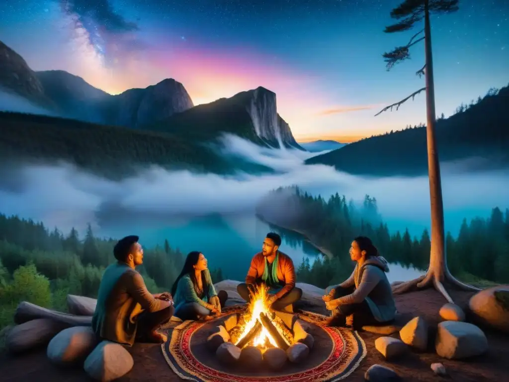 Serpendeando historias: mitos indígenas en la noche estrellada Escena mística de tradición oral indígena legado: serpiente mítica, ancianos, criaturas y bosque