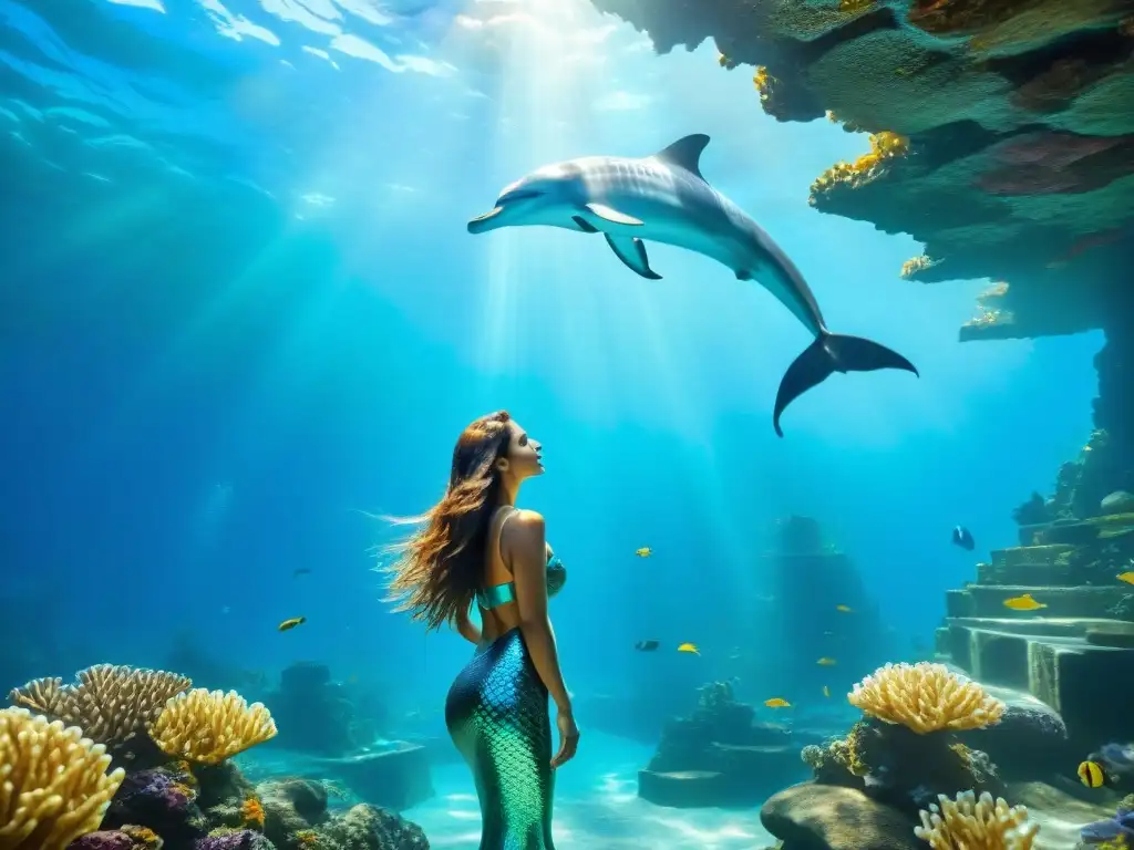 Encantadora sirena en arrecife submarino Una escena submarina encantadora con una sirena nadando entre corales coloridos y peces vibrantes, iluminada por rayos de sol