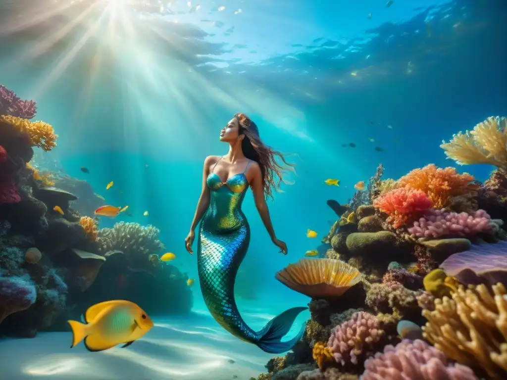 Mermaid mágica en arrecife de coral Una escena submarina mágica con una majestuosa sirena reposando en un lecho de coral rodeada de peces tropicales brillantes