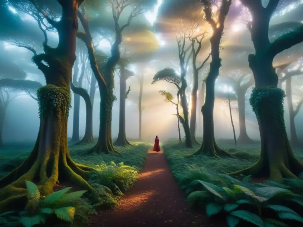 Un escenario majestuoso y otro mundo se revela en un bosque denso al anochecer, con luces etéreas entre los árboles