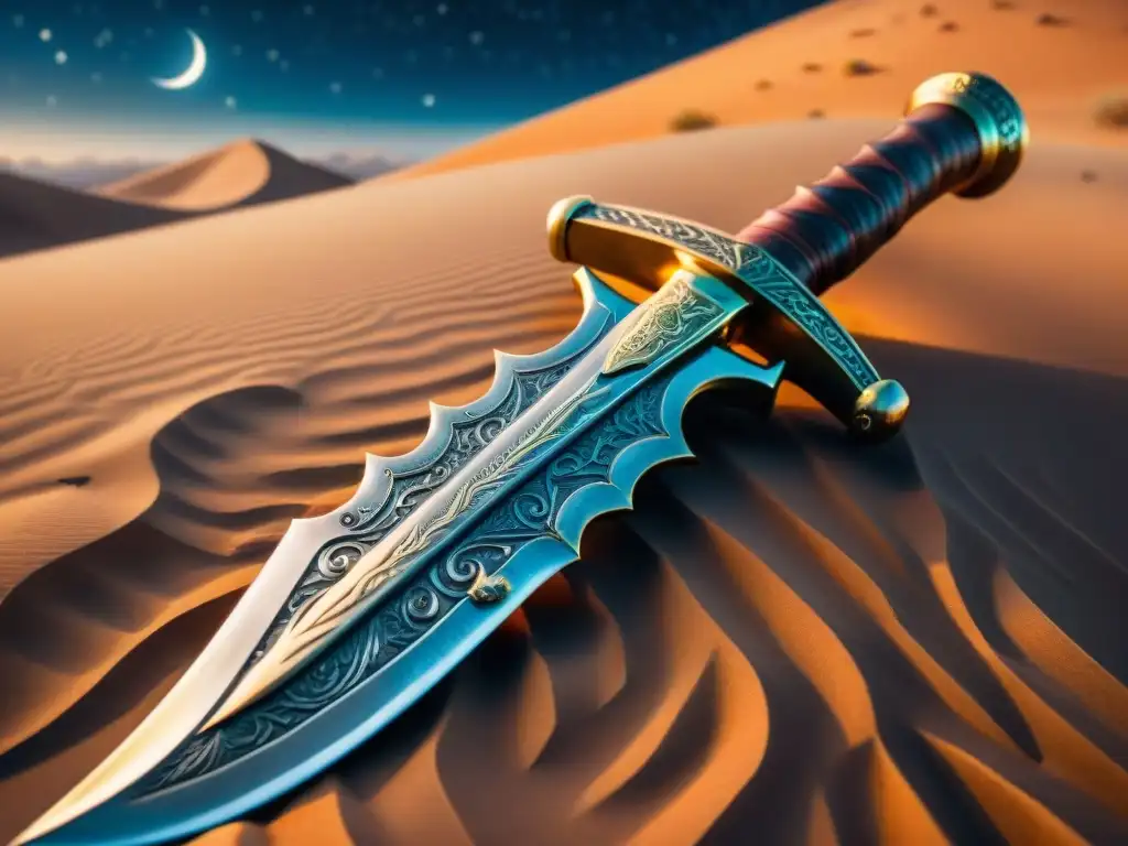 Espada de Damasco: Leyenda en la Noche Estrellada Una espada de Damasco enigmática y majestuosa, con grabados antiguos bajo la luz de la luna en un oasis desértico