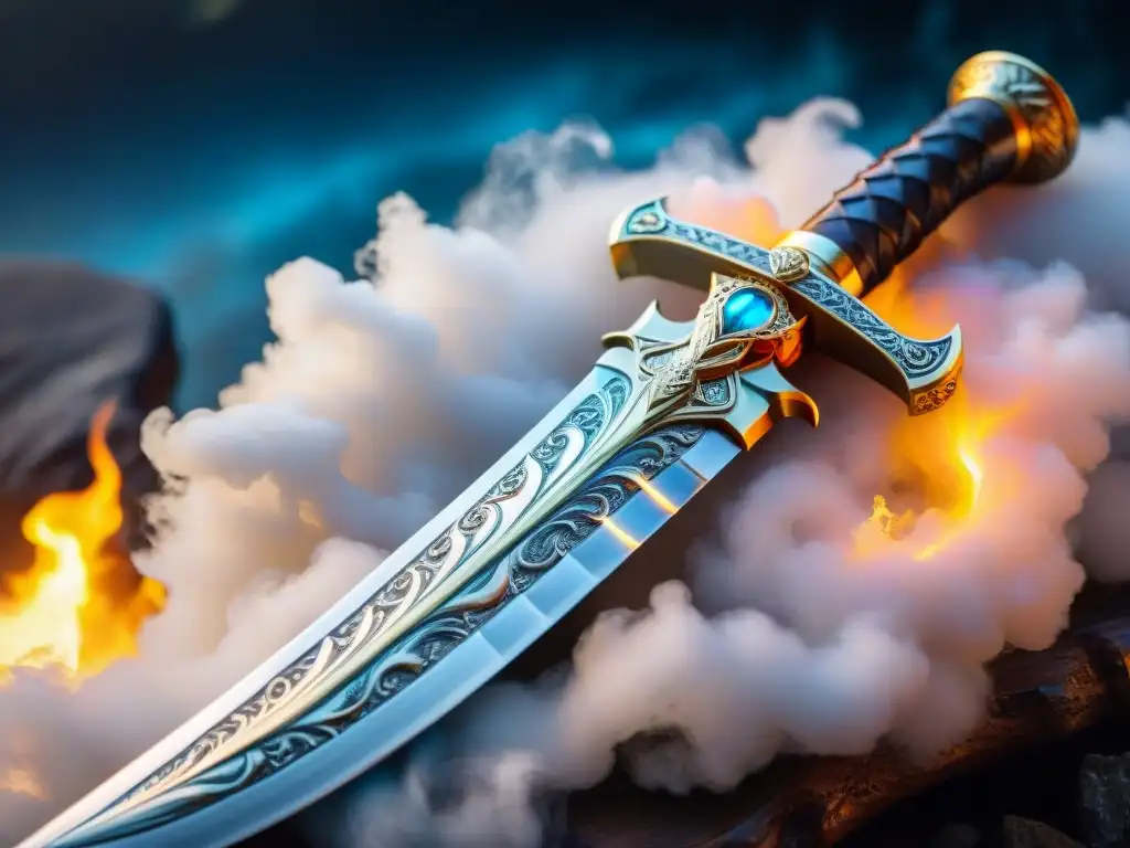 Espada mítica de acero de Damasco: arte y leyenda Una espada de Damasco con intrincados detalles de dragones y fénix, forjada en una metalurgia antigua