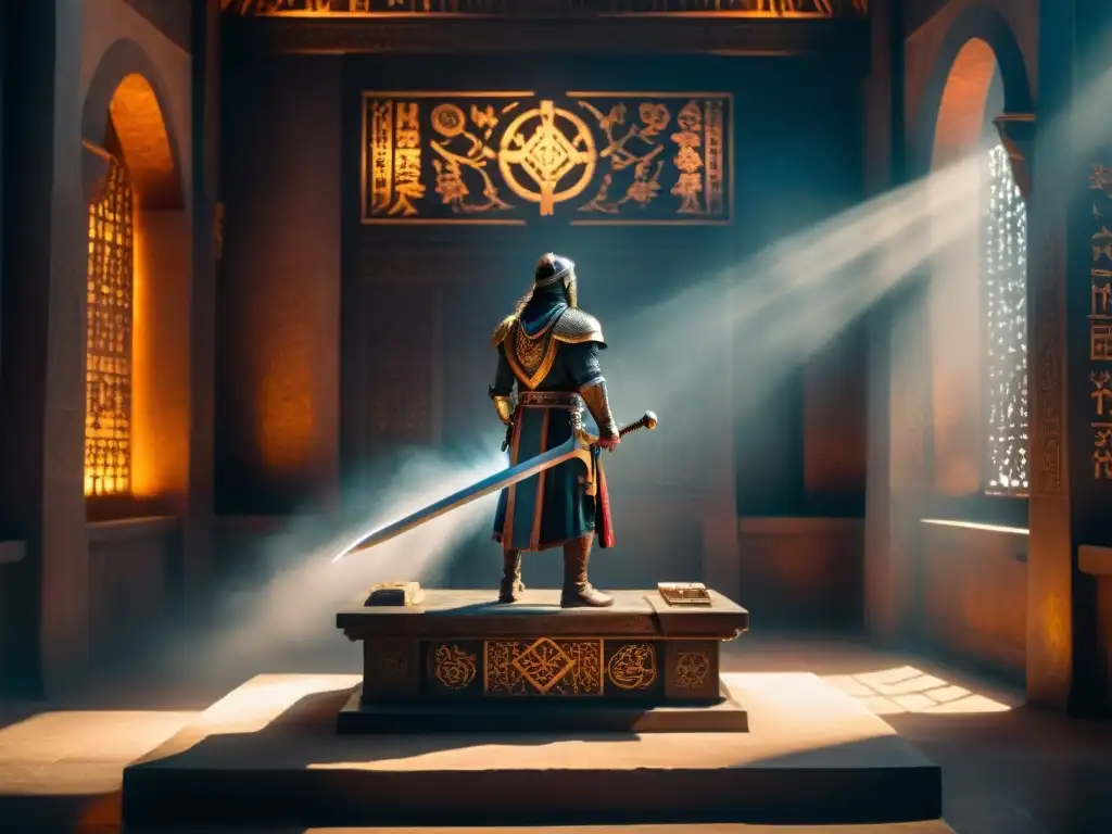 Espada mística de poder ancestral en cámara iluminada Una espada de diseño intrincado reposa sobre un pedestal de piedra en una cámara tenue, iluminada por un resplandor místico