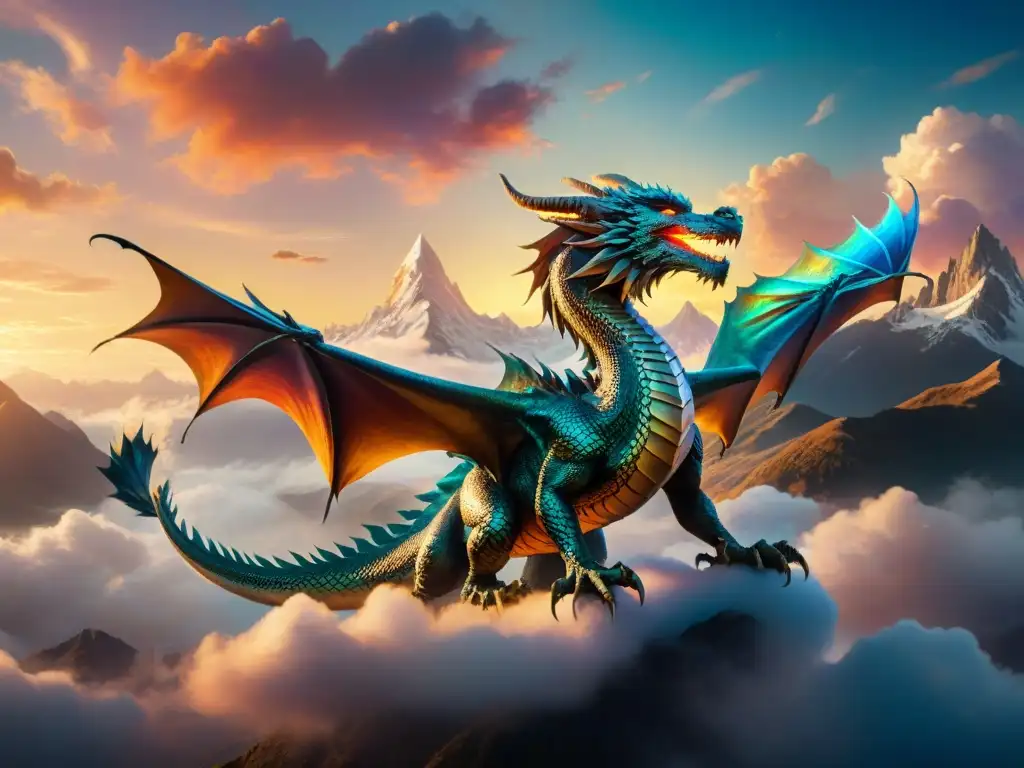Dragón majestuoso surcando cielos mágicos Espectacular representación de dragones en El Hobbit: majestuoso dragón surcando un cielo vibrante y mágico entre nubes y estrellas