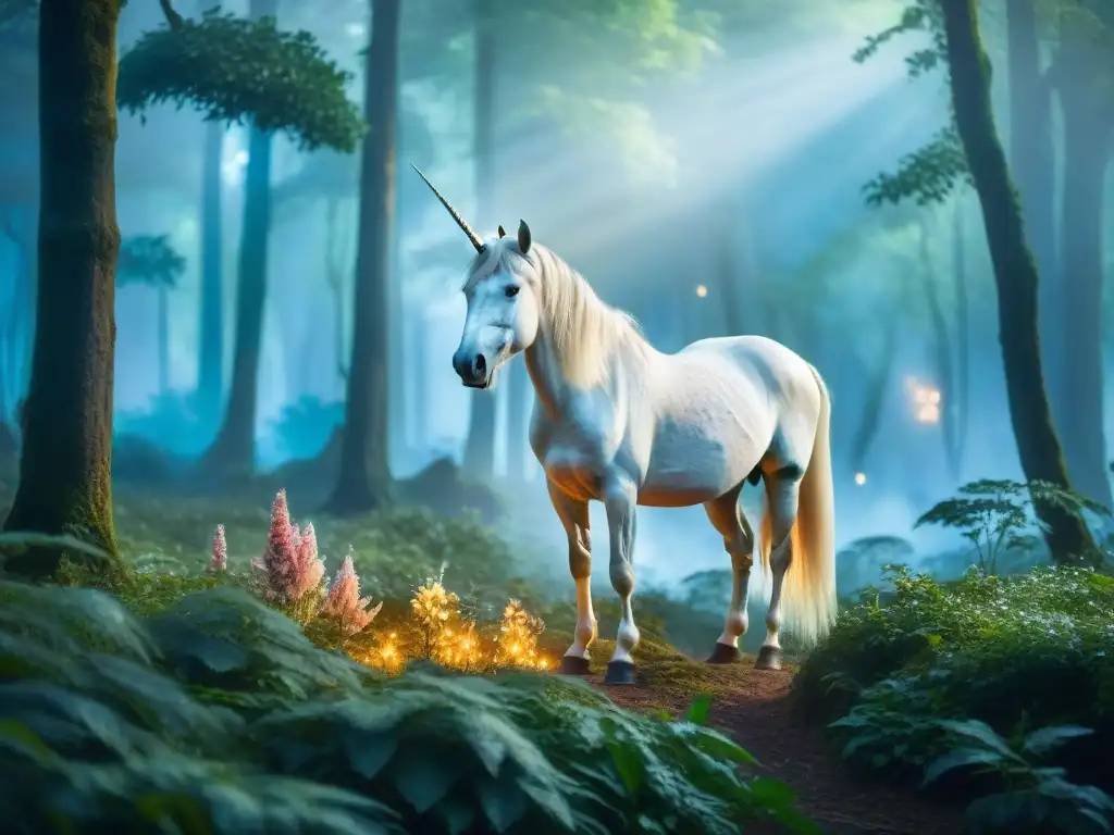 Unicornio plateado en bosque mágico bajo la luna Espléndido unicornio en bosque místico iluminado por la luna, rodeado de seres fantásticos y flora mágica