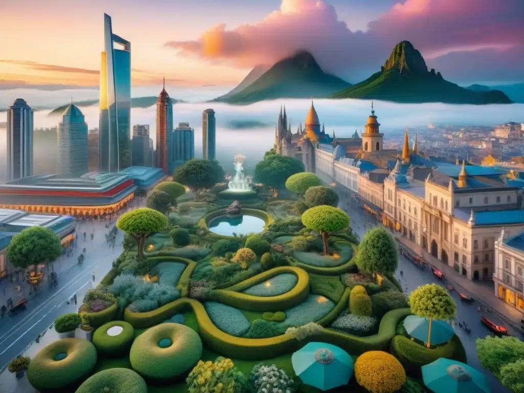 Metrópolis mágica: criaturas míticas y humanos coexisten en armonía Estudio de criaturas míticas contemporáneas en la ciudad moderna al anochecer