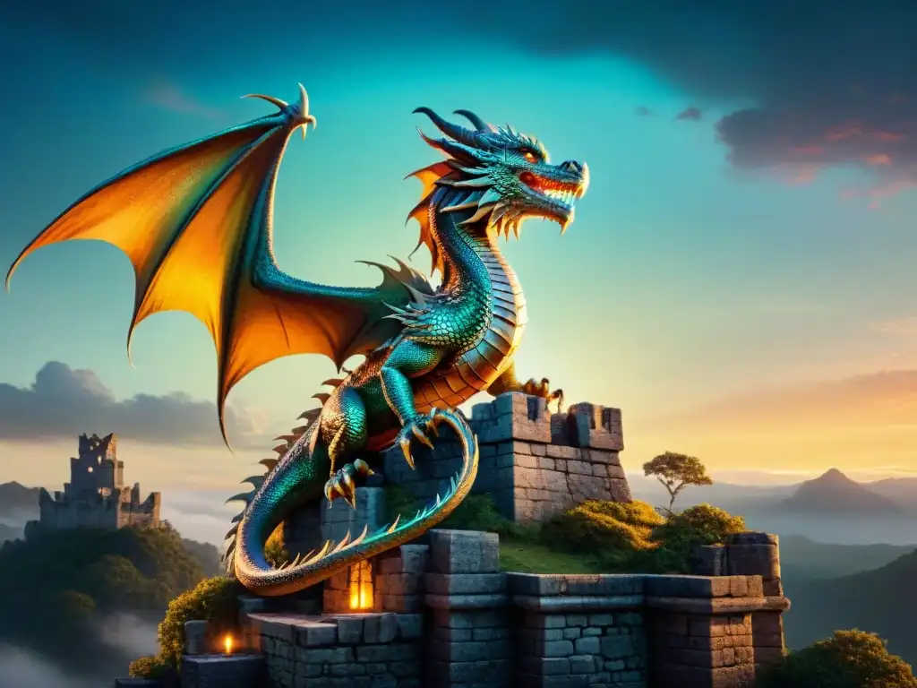 Dragón majestuoso sobre torre en ruinas: ilustración detallada Estudio criaturas míticas contemporáneas: un dragón majestuoso en una torre de piedra bajo la luz de la luna en un bosque mágico