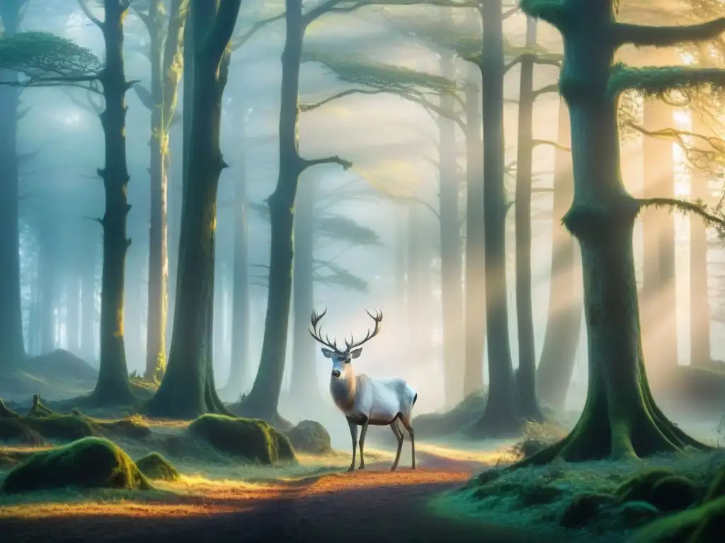 Encantador bosque místico: ciervos y hadas en un reino mágico Estudio genético elfos existencia: Bosque místico al amanecer con ciervos blancos y hadas brillantes