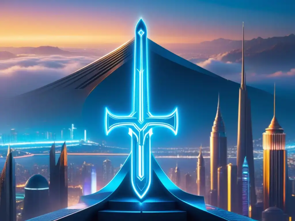 Un Excalibur moderno en neón azul rodeado de símbolos holográficos, en una metrópolis futurista de noche