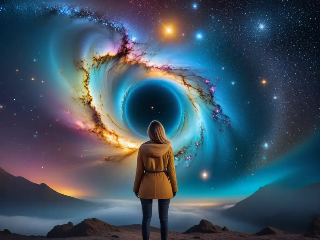Ente cósmico: Galaxias, nebulosas y secretos del universo Una representación intrincada y fascinante de un ser celestial formado por galaxias y estrellas, con nebulosas coloridas como túnicas